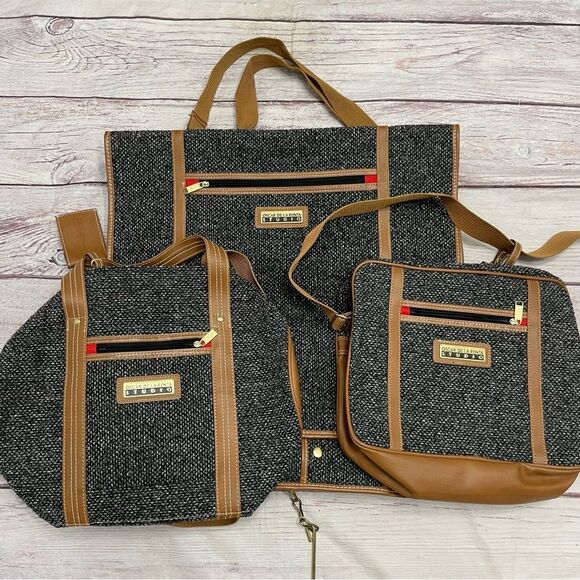 Oscar de La Renta Vintage Three Piece Luggage Set Tweed Bucle Black Tan Travel